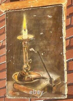 Signed Old Table. Candle Books Pipe Oil Painting on Canvas. XIXth Century Style.