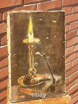 Signed Old Table. Candle Books Pipe Oil Painting on Canvas. XIXth Century Style.