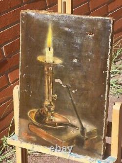 Signed Old Table. Candle Books Pipe Oil Painting on Canvas. XIXth Century Style.