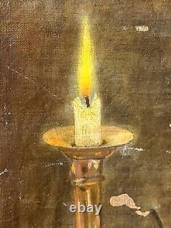 Signed Old Table. Candle Books Pipe Oil Painting on Canvas. XIXth Century Style.