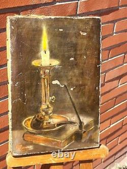 Signed Old Table. Candle Books Pipe Oil Painting on Canvas. XIXth Century Style.