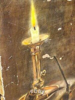 Signed Old Table. Candle Books Pipe Oil Painting on Canvas. XIXth Century Style.