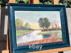 Signed Old Table. Landscape Riverside. Oil Painting On Canvas