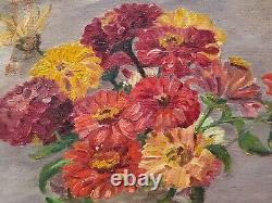 Signed Old Table (r. Loval). Bouquet Of Flowers. Oil Paint On