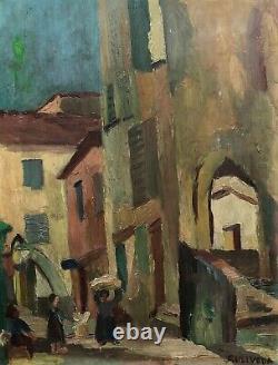 Signed Old Tableau, Animated Street, Oil on Cardboard, Painting, Early 20th Century