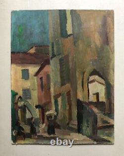 Signed Old Tableau, Animated Street, Oil on Cardboard, Painting, Early 20th Century