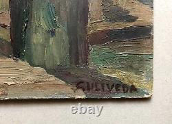 Signed Old Tableau, Animated Street, Oil on Cardboard, Painting, Early 20th Century