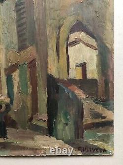 Signed Old Tableau, Animated Street, Oil on Cardboard, Painting, Early 20th Century