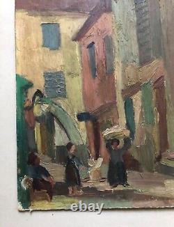 Signed Old Tableau, Animated Street, Oil on Cardboard, Painting, Early 20th Century