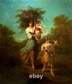 Signed Old Tableau, Peasant Woman and Her Children, Important 19th Century Oil on Canvas