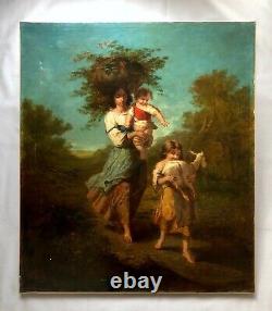 Signed Old Tableau, Peasant Woman and Her Children, Important 19th Century Oil on Canvas