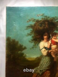 Signed Old Tableau, Peasant Woman and Her Children, Important 19th Century Oil on Canvas