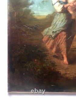 Signed Old Tableau, Peasant Woman and Her Children, Important 19th Century Oil on Canvas