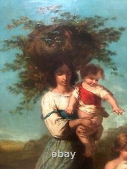 Signed Old Tableau, Peasant Woman and Her Children, Important 19th Century Oil on Canvas