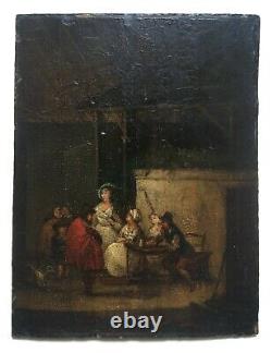 Small Antique Painting, Tavern Scene, Oil On Panel, Teniers, 18th