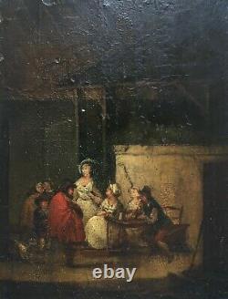 Small Antique Painting, Tavern Scene, Oil On Panel, Teniers, 18th