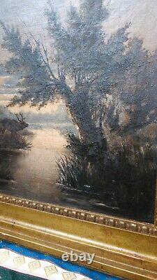 Small Old Painting Oil Deer Doe Barbizon School XIXth Century Gilded Frame