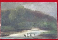 Small Old Painting Oil on Panel Lakeside Landscape, 19th 20th Century, signed Goy