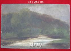 Small Old Painting Oil on Panel Lakeside Landscape, 19th 20th Century, signed Goy