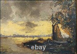 Small Painting Ancient Oil On Wood Landscape Sailing Boat Signed 19th
