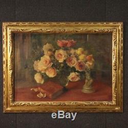Still Life Paintings Signed Oil On Canvas Flowers Old Style Frame