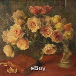 Still Life Paintings Signed Oil On Canvas Flowers Old Style Frame