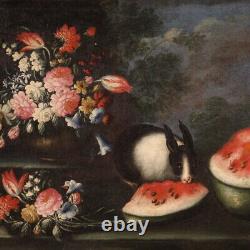 Still Life With Rabbit Old Painting Oil On Canvas Painting Vase Flowers 700