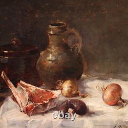 Still life signed old oil painting on canvas 19th century