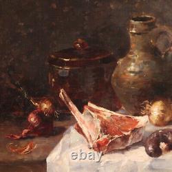 Still life signed old oil painting on canvas 19th century