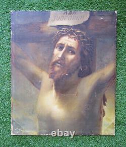Stunning Old Painting Oil On Canvas 19th Signed, Jesus Christ On The Cross