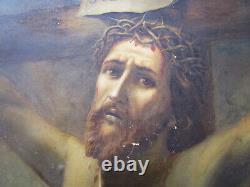 Stunning Old Painting Oil On Canvas 19th Signed, Jesus Christ On The Cross