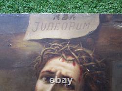 Stunning Old Painting Oil On Canvas 19th Signed, Jesus Christ On The Cross