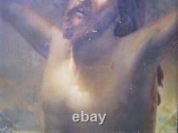 Stunning Old Painting Oil On Canvas 19th Signed, Jesus Christ On The Cross