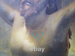 Stunning Old Painting Oil On Canvas 19th Signed, Jesus Christ On The Cross