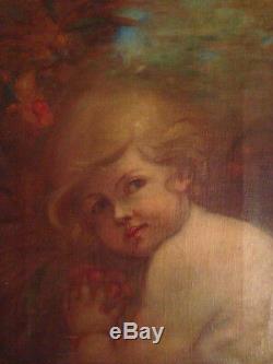 Superb Portrait Of Child Angel Putti XIX Oil On Old Canvas