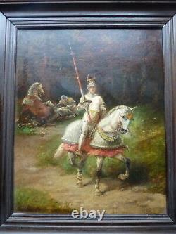 Superb Rare Ancient Oil Painting Signed Medieval Knight Joute