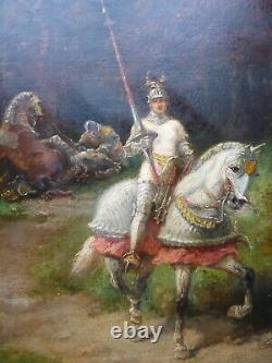 Superb Rare Ancient Oil Painting Signed Medieval Knight Joute