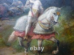 Superb Rare Ancient Oil Painting Signed Medieval Knight Joute