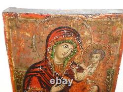 Superb Rare Ancient Religious Icon Painting On Wood The Virgin To The Child