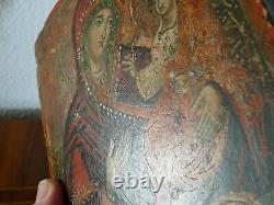 Superb Rare Ancient Religious Icon Painting On Wood The Virgin To The Child