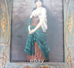 Superb antique oil painting on panel woman Art Nouveau frame