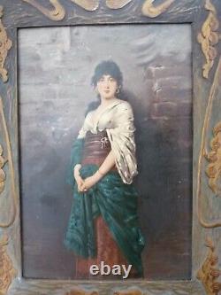 Superb antique oil painting on panel woman Art Nouveau frame