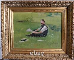 Table Ancien 1912 Young Man Signed By A Gilded Barbizon Frame Of Hst Origin