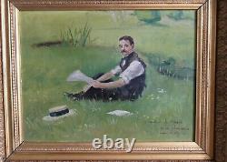 Table Ancien 1912 Young Man Signed By A Gilded Barbizon Frame Of Hst Origin