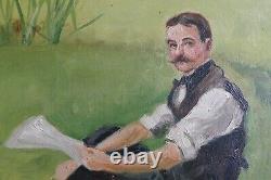 Table Ancien 1912 Young Man Signed By A Gilded Barbizon Frame Of Hst Origin