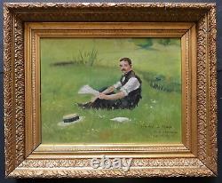 Table Ancien 1912 Young Man Signed By A Gilded Barbizon Frame Of Hst Origin