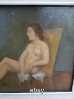 Table Ancien Oil Sur Carton Femme Nude Sitting