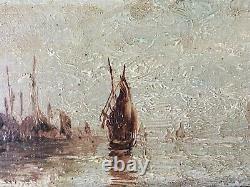 Table Ancient 19th Orientalist Marine Landscape Signed Wood Oil Framed