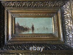 Table Ancient 19th Orientalist Marine Landscape Signed Wood Oil Framed