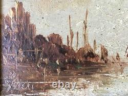 Table Ancient 19th Orientalist Marine Landscape Signed Wood Oil Framed